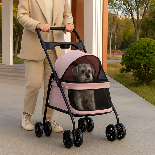 Poussette pour chien senior rose avec chien âgé confortablement installé pour promenade adaptée