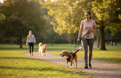Chien en harnais anti-traction marchant calmement en laisse à côté de son maître