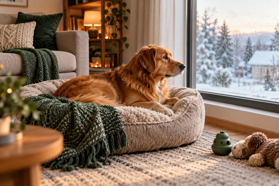 Chien installé confortablement dans son couchage près d’une fenêtre en hiver