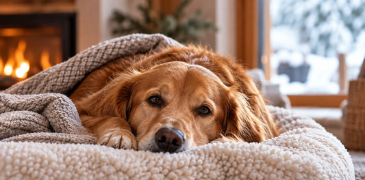 Chien blotti dans une couverture épaisse près d’une cheminée pendant l’hiver