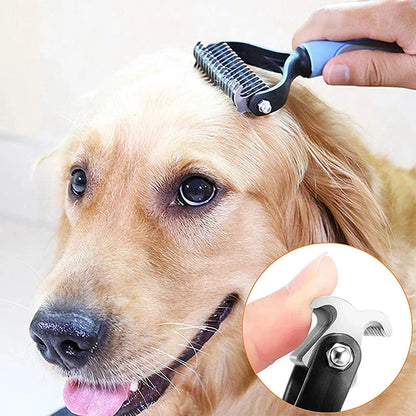 Peigne pour chien bleu et noir avec détail du démêlage et golden retriever.