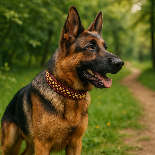 Collier chien marron cuir clouté avec boucle dorée