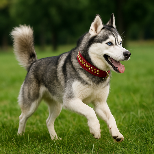 Collier chien rouge – vue de profil avec rivets dorés