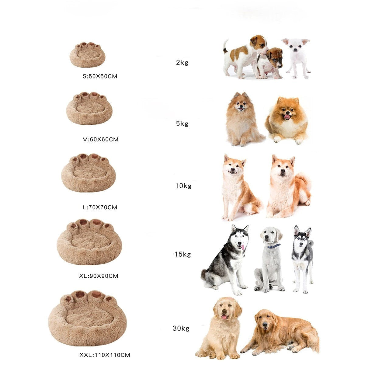12.	Guide des tailles coussin chien — S, M, L, XL selon le poids du chien
