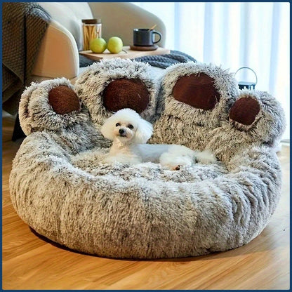 Coussin pour chien gris clair — vue de dessus, forme patte, bords rembourrés