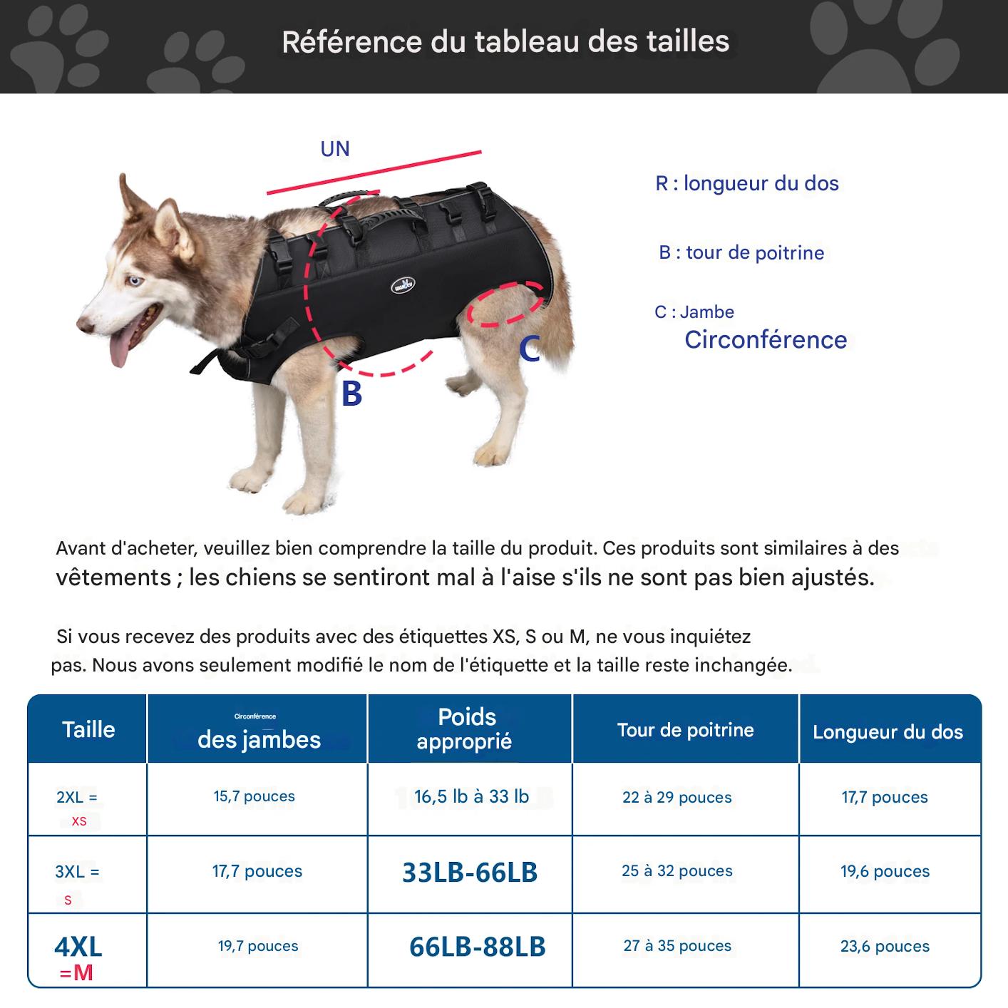 Harnais de levage pour chien tailles