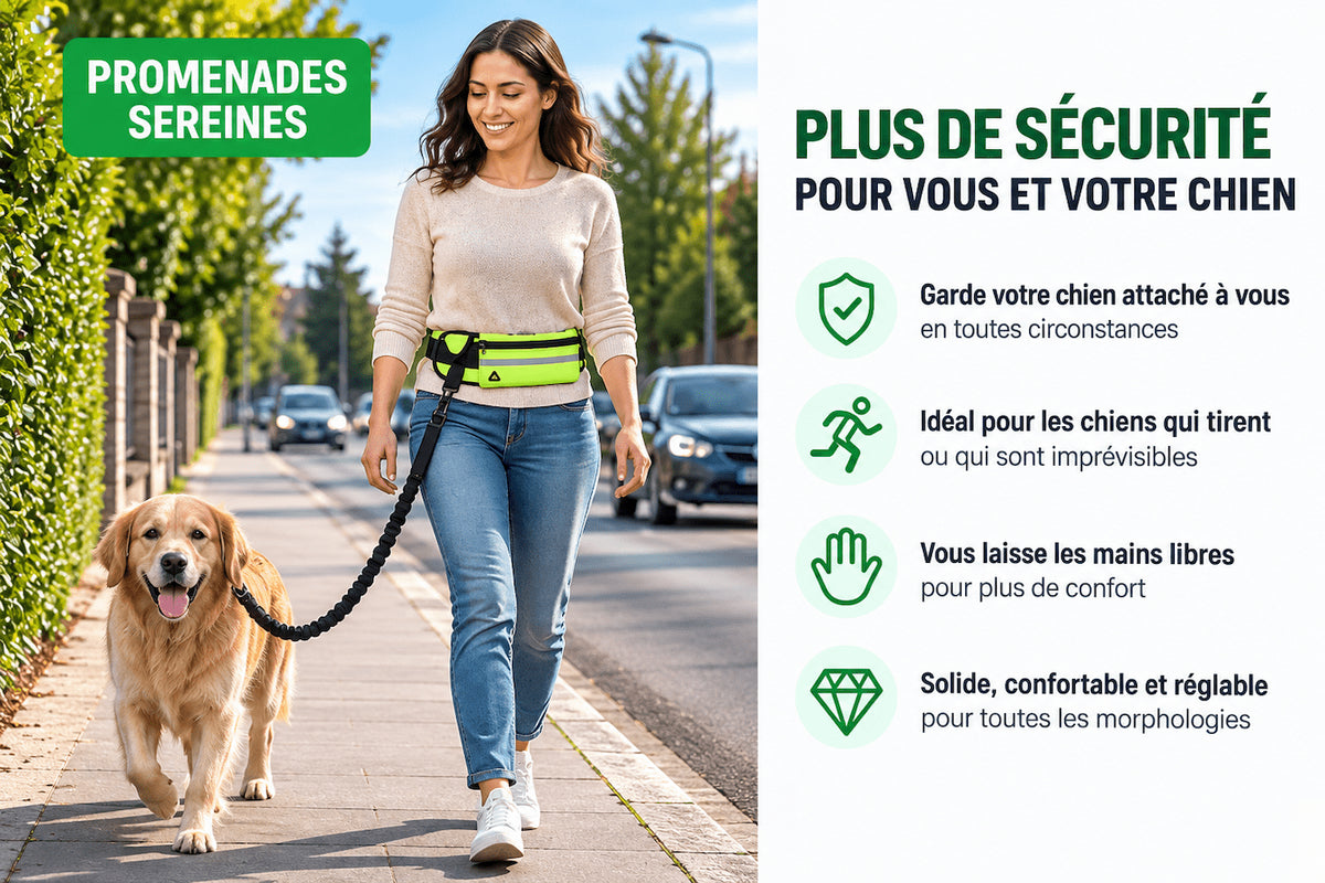 Laisse pour chien mains libre avec ceinture et poche pour plus de sécurité