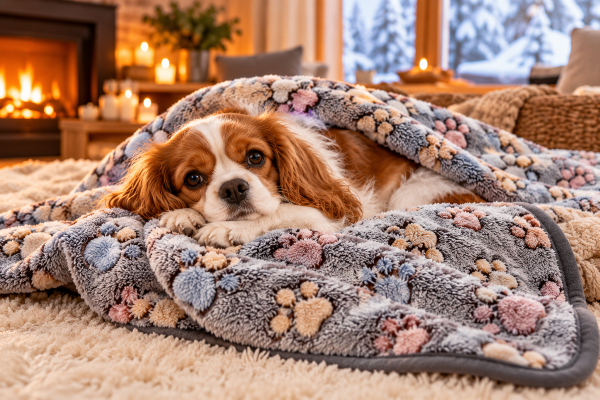 Petit chien au repos sous une couverture moelleuse à motif pattes