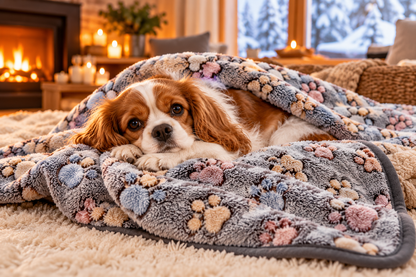 Petit chien au repos sous une couverture moelleuse à motif pattes