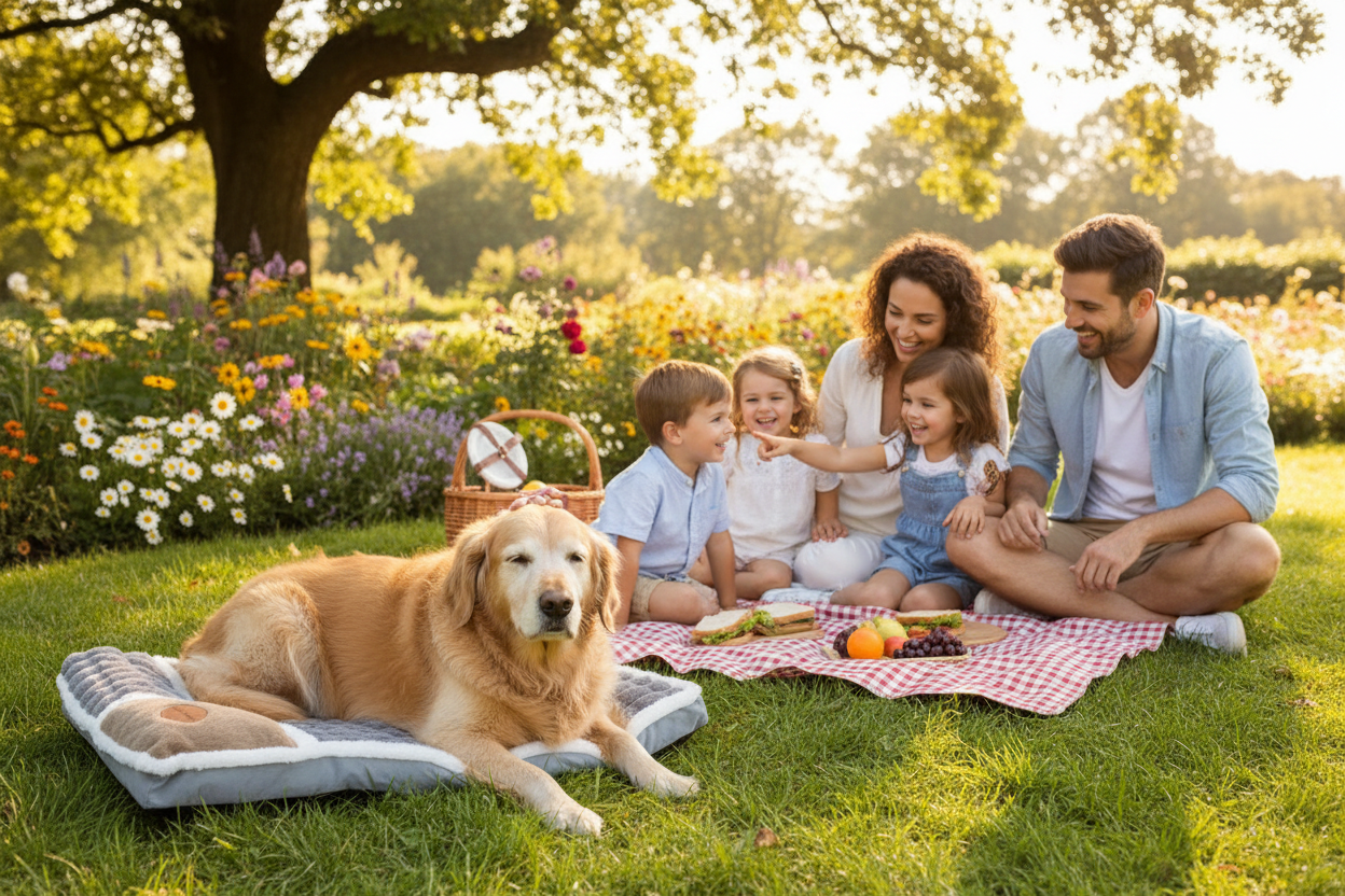 Chien senior avec famille aimante lors pique-nique jardin sur coussin - Moments précieux ensemble