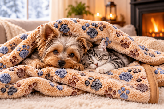 Chien et chat blottis sous une couverture douce à motif pattes dans un salon chaleureux