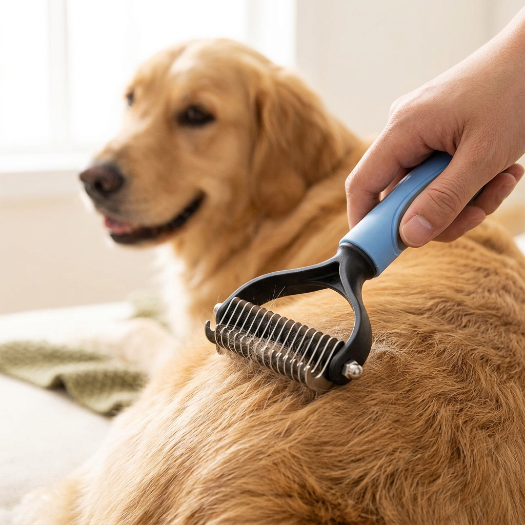 Brosse démêlante pour chien à manche bleu utilisée sur le pelage d’un golden retriever.