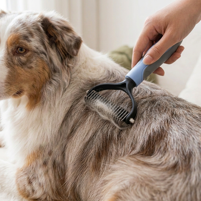 Peigne pour chien bleu utilisé sur le dos d’un berger australien, avec des poils recueillis entre les dents.